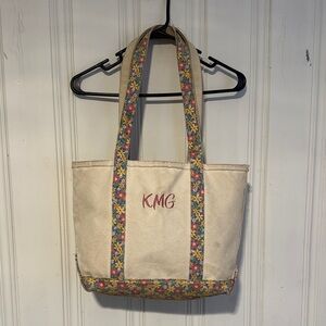 Llbean vintage vtg cream pink yellow floral medium zip top boat and tote purse